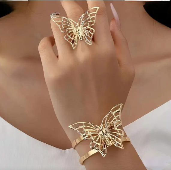 Butterfly 18k Gold plated handcuff and And Ring
