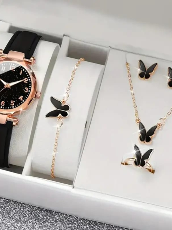 Butterfly Charm Watch + Jewelry Set | Luxe 6-in-1 Black Edition for Women