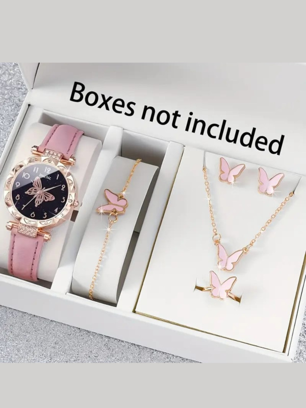 Butterfly Charm Watch + Jewelry Set | Elegant 6-in-1 Pink & Gold Gift for Women