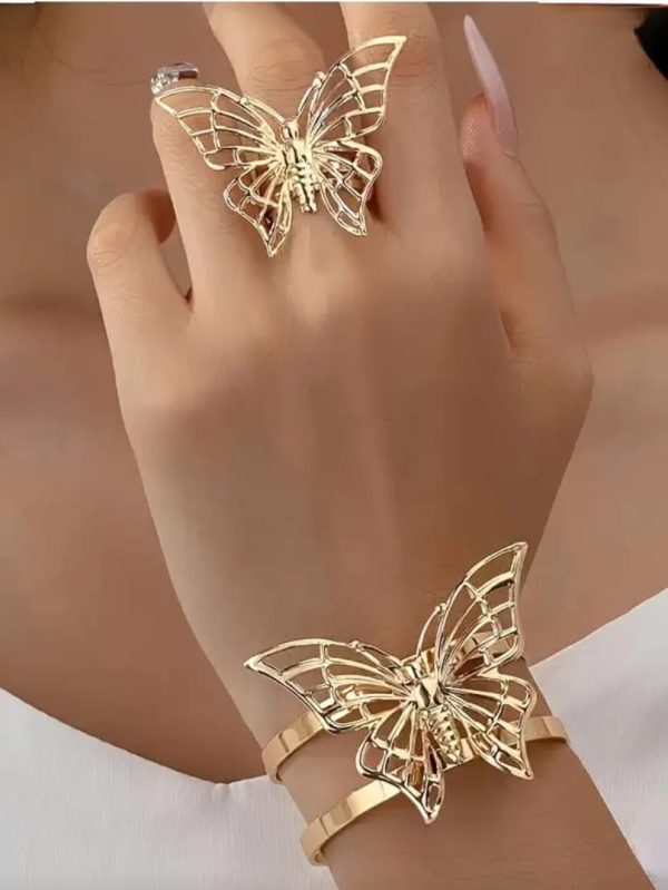 Butterfly 18k Gold plated handcuff and And Ring