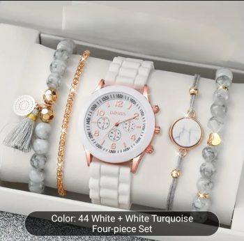 Elegant White & Marble Bracelet Watch Set – 4-Piece Combo for Women