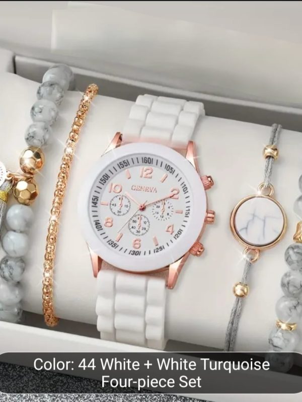 Elegant White & Marble Bracelet Watch Set – 4-Piece Combo for Women