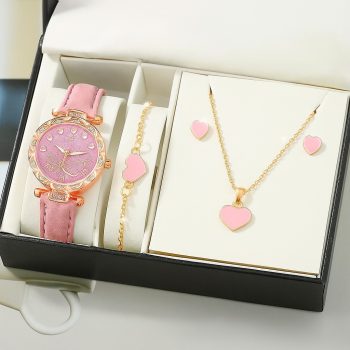 Elegant Pink Heart Jewelry Set for Girls – Watch, Bracelet & Necklace