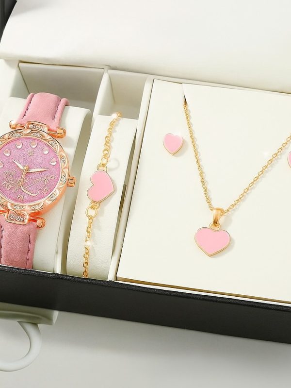 Elegant Pink Heart Jewelry Set for Girls – Watch, Bracelet & Necklace