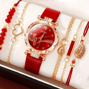 Luxury Red Watch & Bracelet Set for Women – 6-Piece Fashion Combo