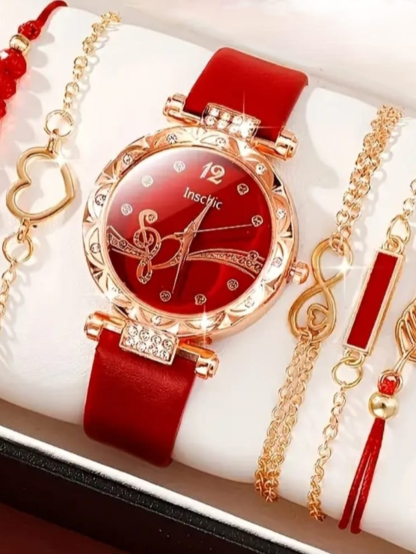 Luxury Red Watch & Bracelet Set for Women – 6-Piece Fashion Combo