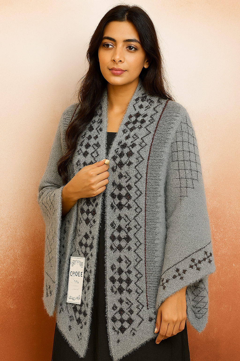 Grey Woolen Poncho – Without Sleeves | Geometric Black & Maroon Pattern - Image 2