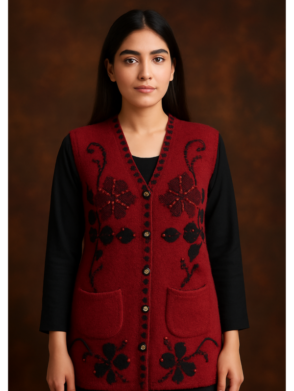 Maroon Woolen Embroidered Sweater – Without Sleeves | Elegant Floral Design