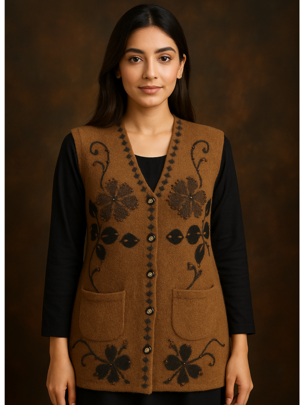 Camel Brown Woolen Sweater – Without Sleeves | Black Floral Embroidery