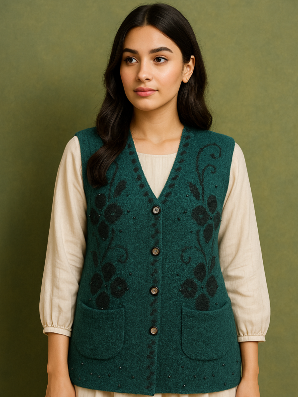 Dark Green Woolen Sweater – Without Sleeves | Black Floral Embroidery