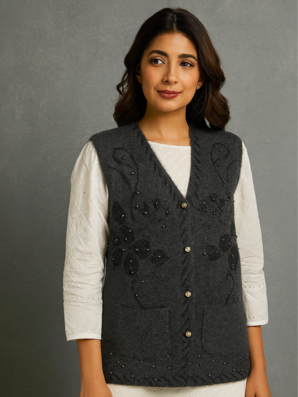 Charcoal Grey Woolen Sweater – Without Sleeves | Black Floral Embroidery
