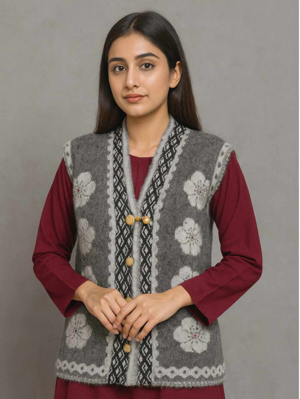 Grey Woolen Sweater – Without Sleeves | White Floral Pattern & Golden Buttons