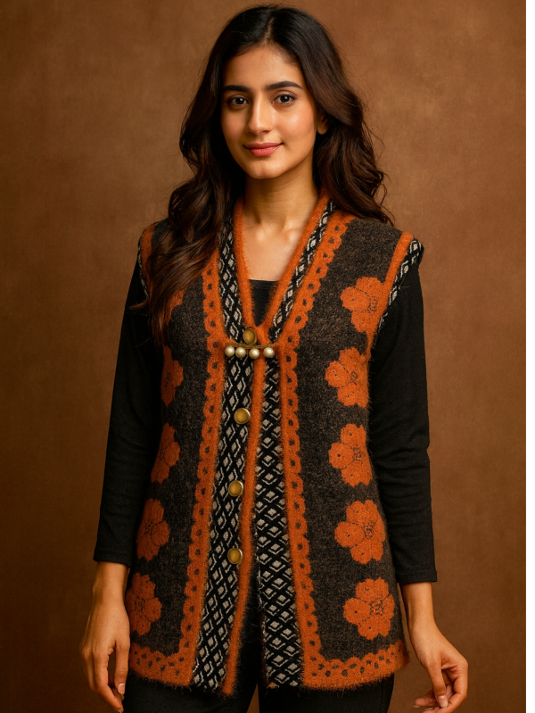 Brown Woolen Sweater – Without Sleeves | Orange Floral Design & Vintage Buttons