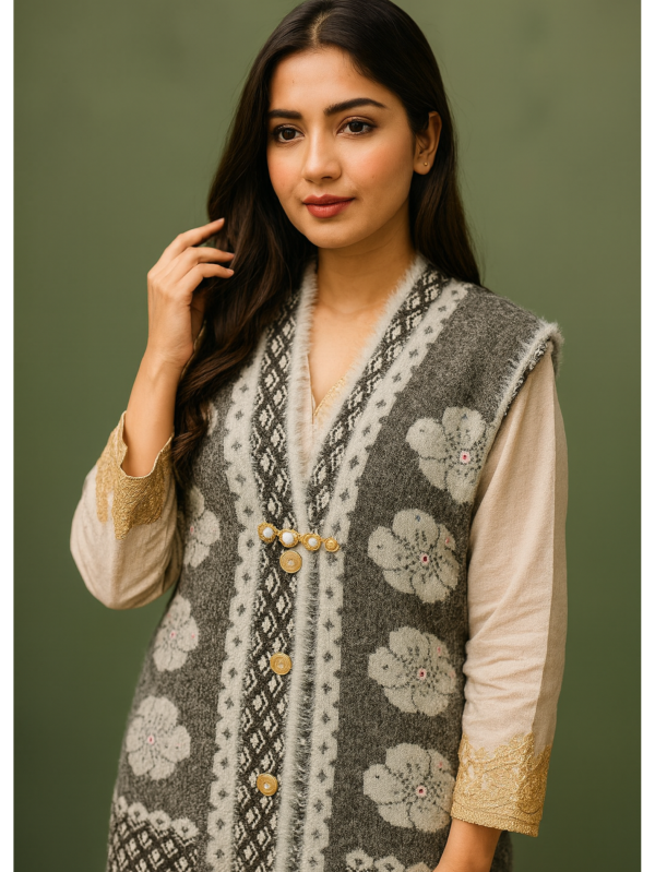 Grey Woolen Sweater Vest – Without Sleeves | Elegant Ivory Floral Embroidery & Gold Button