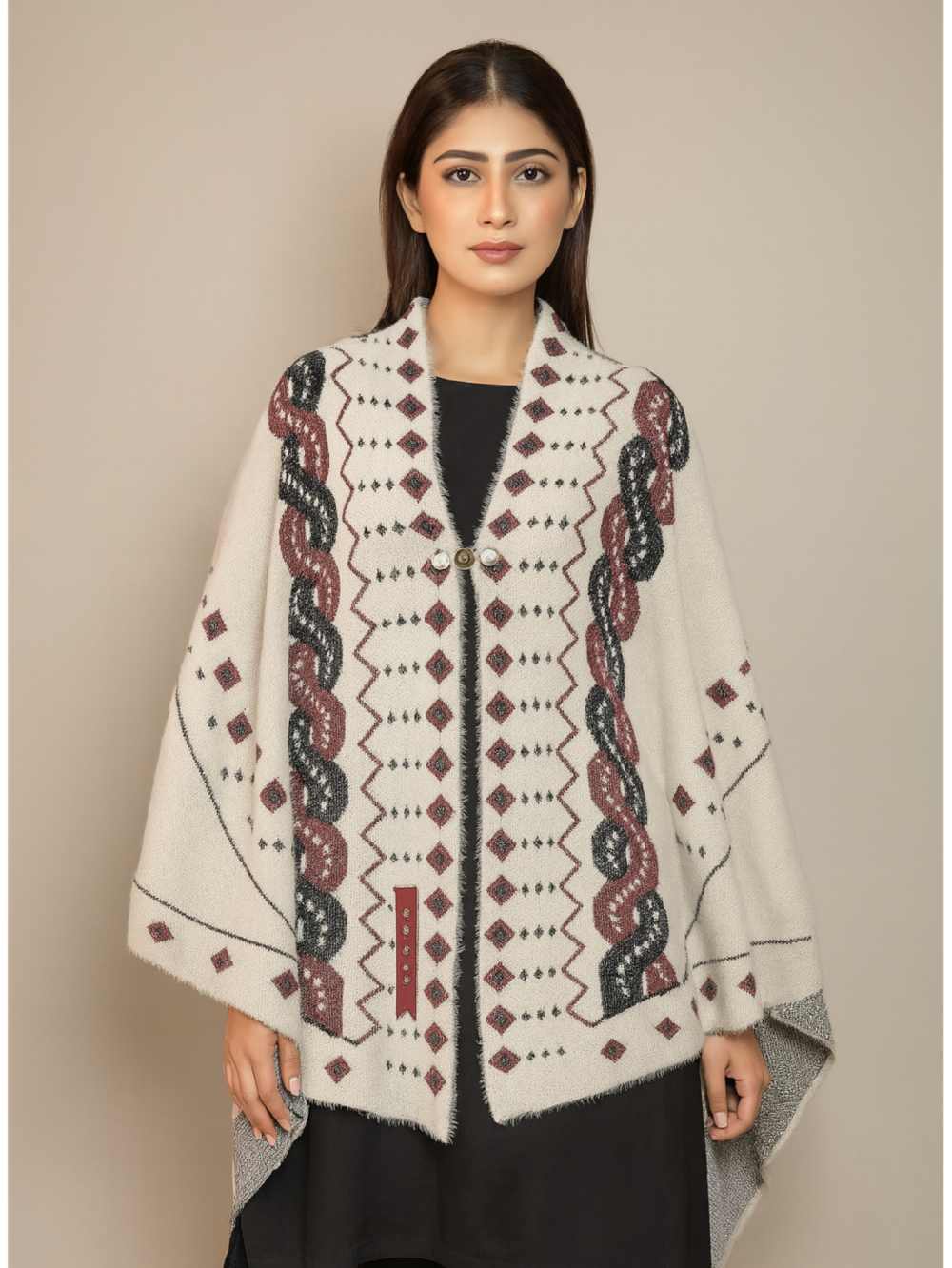 Ivory Woolen Sweater – Without Sleeves | Geometric Maroon & Charcoal Design