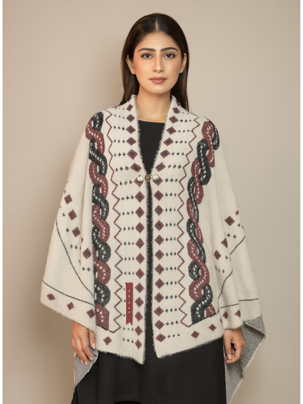 Ivory Woolen Sweater – Without Sleeves | Geometric Maroon & Charcoal Design