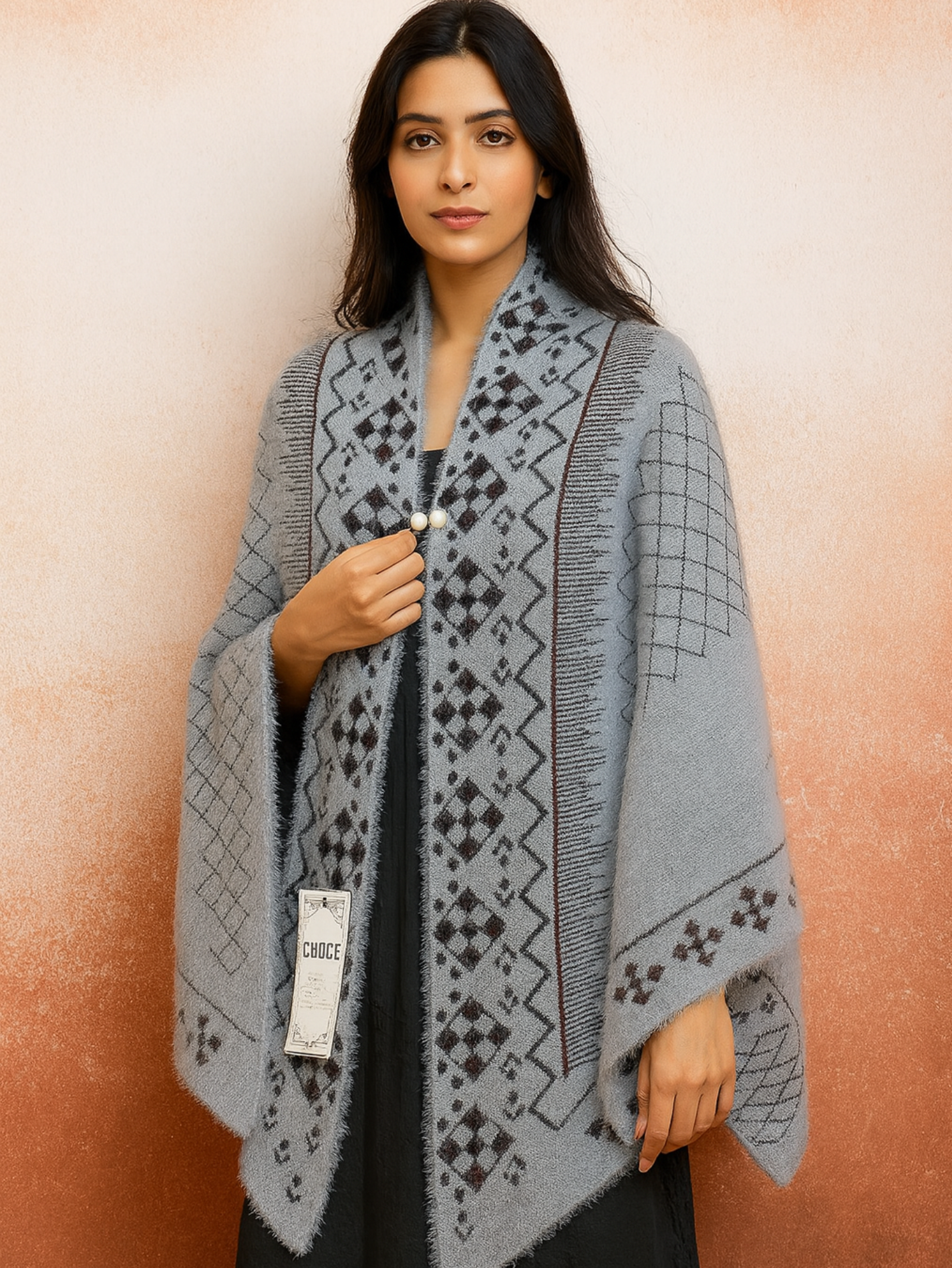 Grey Woolen Poncho – Without Sleeves | Geometric Black & Maroon Pattern