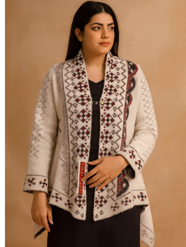 Ivory Woolen Sweater – Full Sleeves | Geometric Maroon & Charcoal Design
