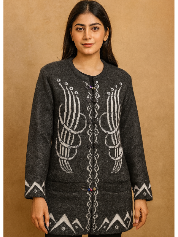 Charcoal Grey Woolen Sweater – Full Sleeves | White Embroidery & Beaded Front Detailing