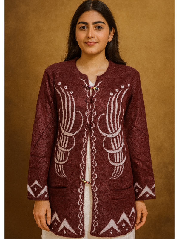 Elegant Maroon Woolen Sweater – White Embroidery & Beaded Closure