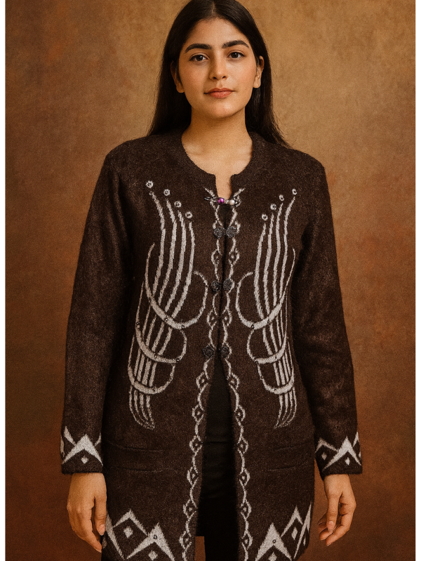 Deep Coffee Woolen Long Sweater | Full Sleeves with White Embroidery | Beaded Closure