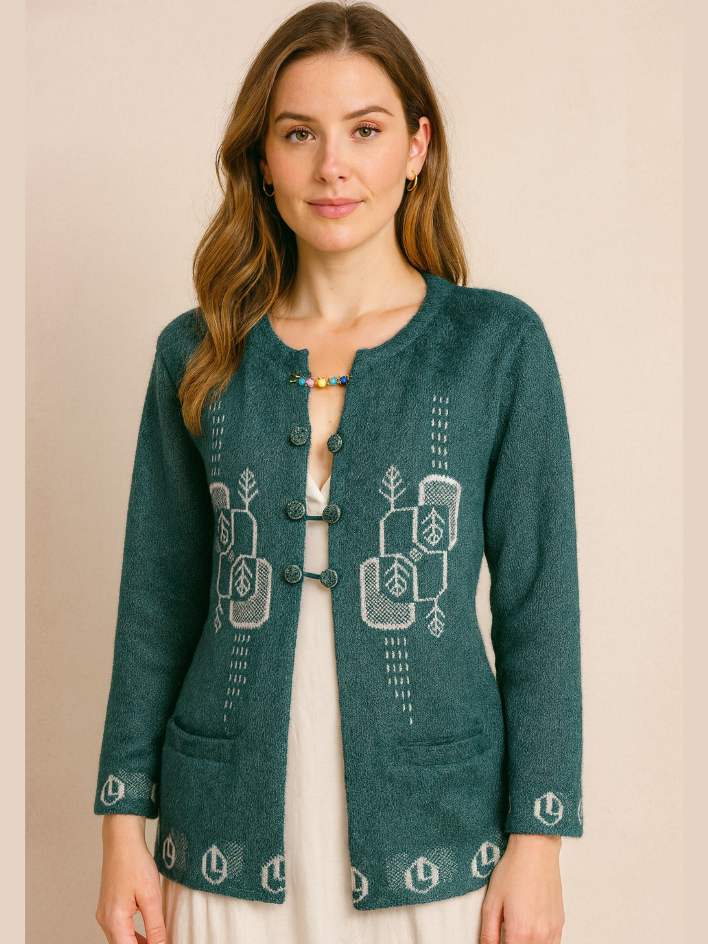 Deep Emerald Wool Blend Cardigan | Full Sleeves with Handcrafted Geometric Embroidery