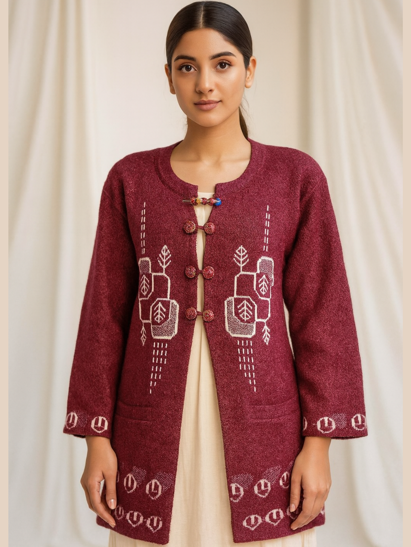 Elegant Maroon Woolen Sweater – Full Sleeves | White Leaf Embroidery & Beaded Closure