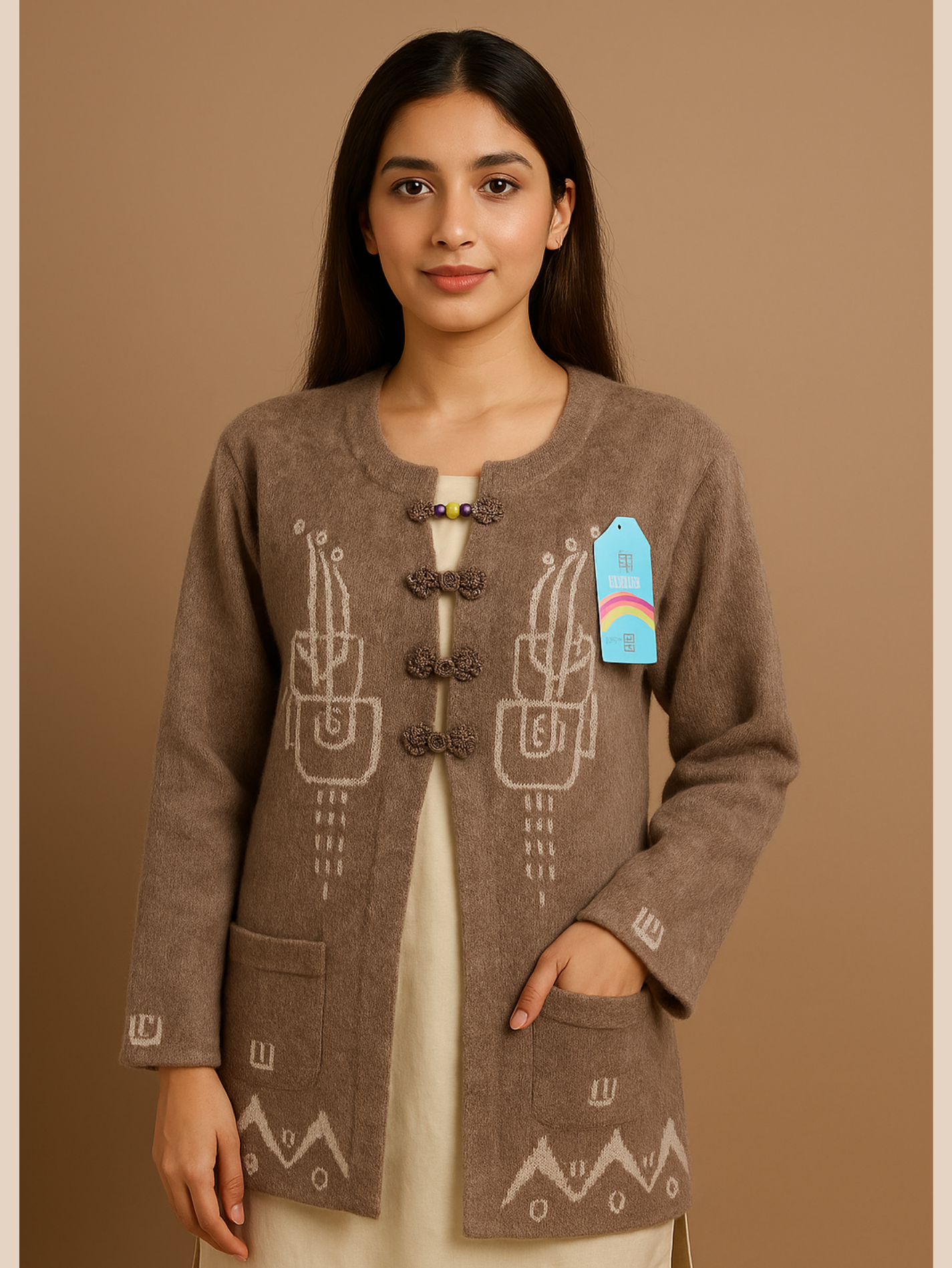 Warm Taupe Wool Blend Cardigan – Full Sleeves with Handcrafted | Ivory Geometric Embroidery