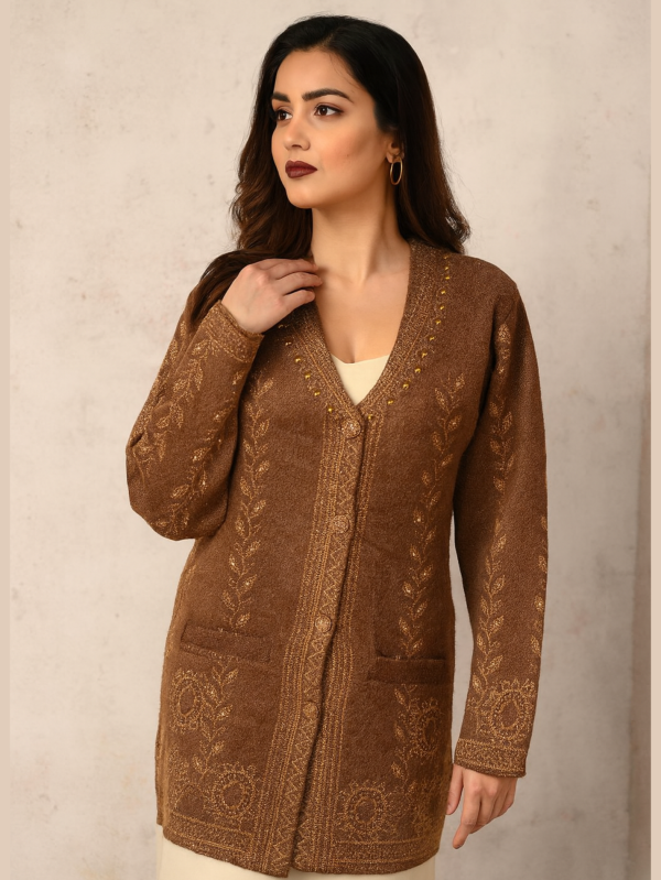 Golden Brown Wool Blend Cardigan |  Full Sleeves with Handcrafted Floral Embroidery