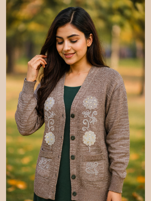 Elegant Beige Wool Cardigan – Full Sleeves with Handcrafted Floral Embroidery