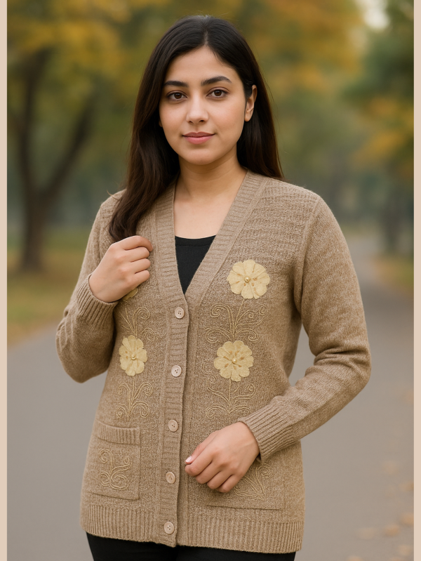 Elegant Camel Brown Wool Cardigan  |  Floral Embroidery & Full Sleeves