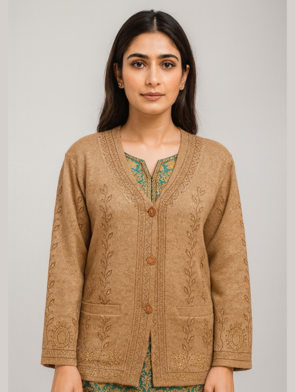 Elegant Light Brown Wool Cardigan | Full Sleeves with Golden Hand Embroidery