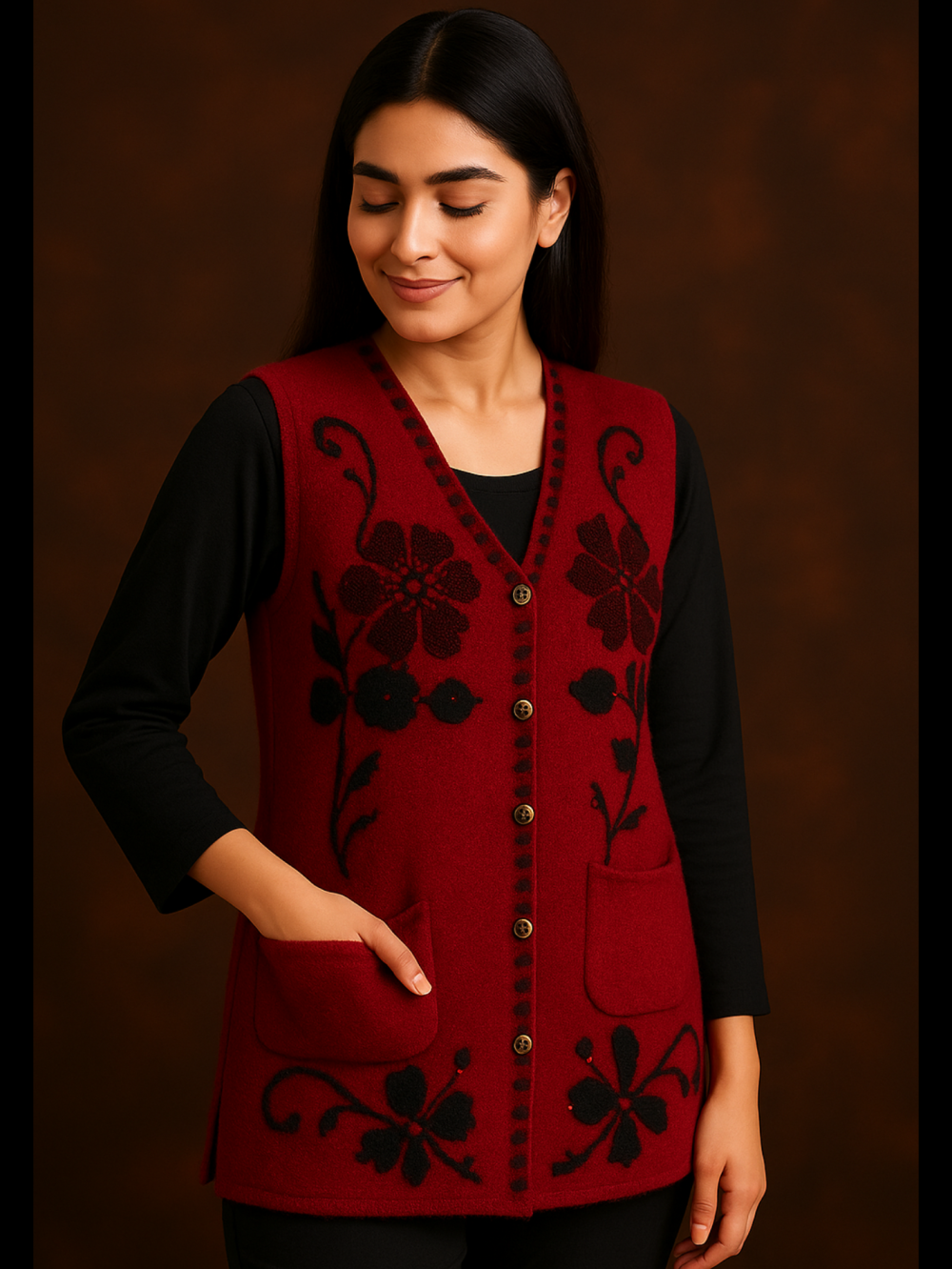 Maroon Woolen Embroidered Sweater – Without Sleeves | Elegant Floral Design - Image 2