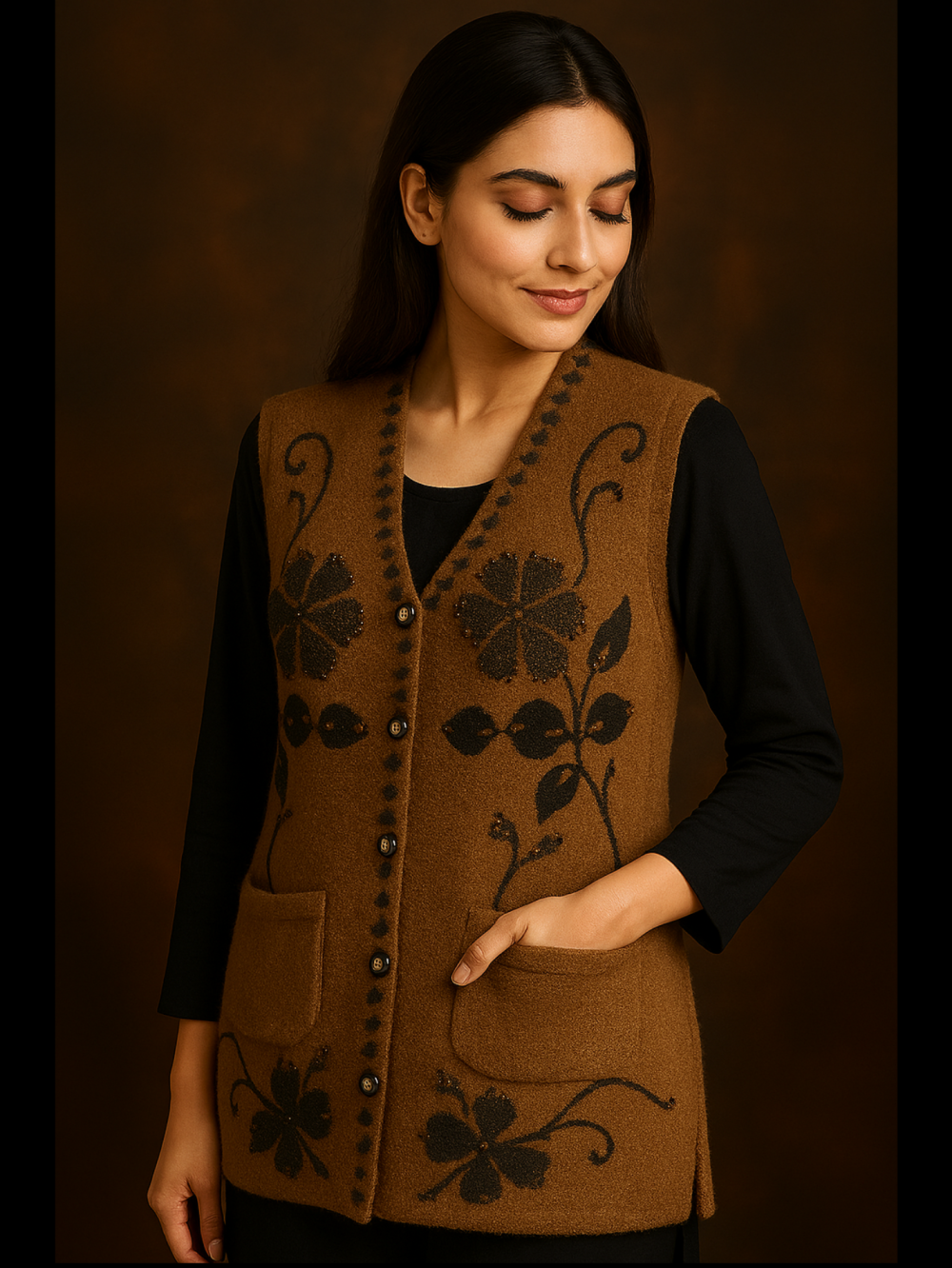 Camel Brown Woolen Sweater – Without Sleeves | Black Floral Embroidery - Image 2