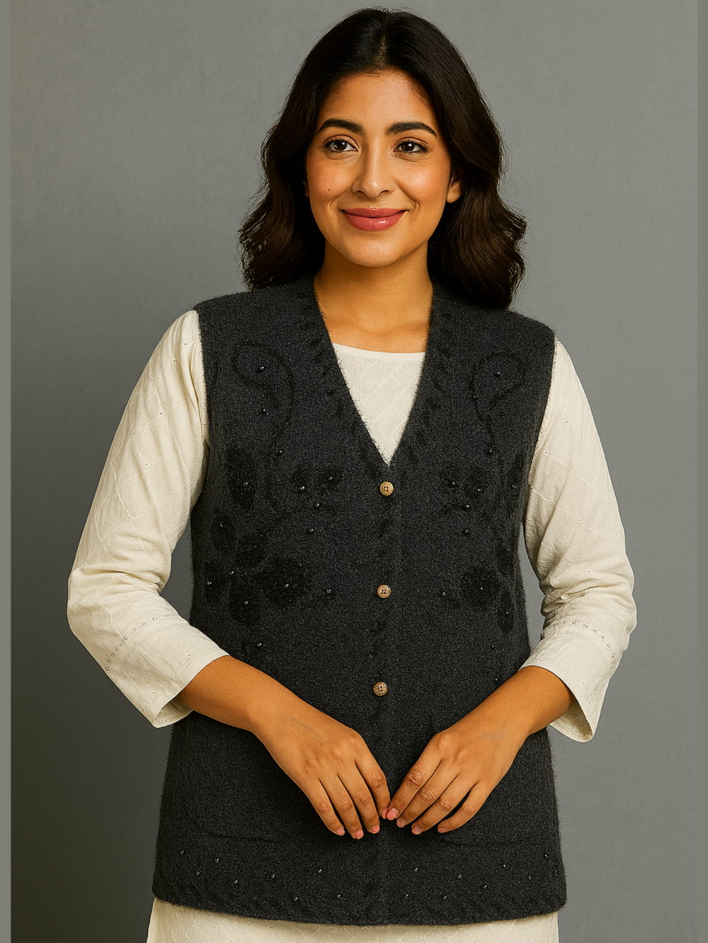 Charcoal Grey Woolen Sweater – Without Sleeves | Black Floral Embroidery - Image 2