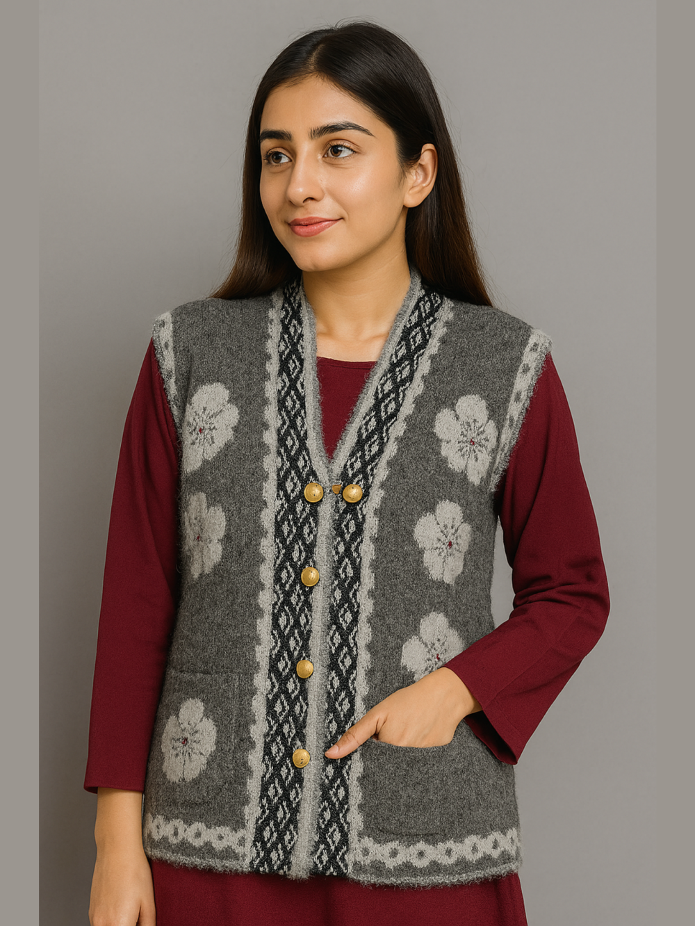 Grey Woolen Sweater – Without Sleeves | White Floral Pattern & Golden Buttons - Image 2