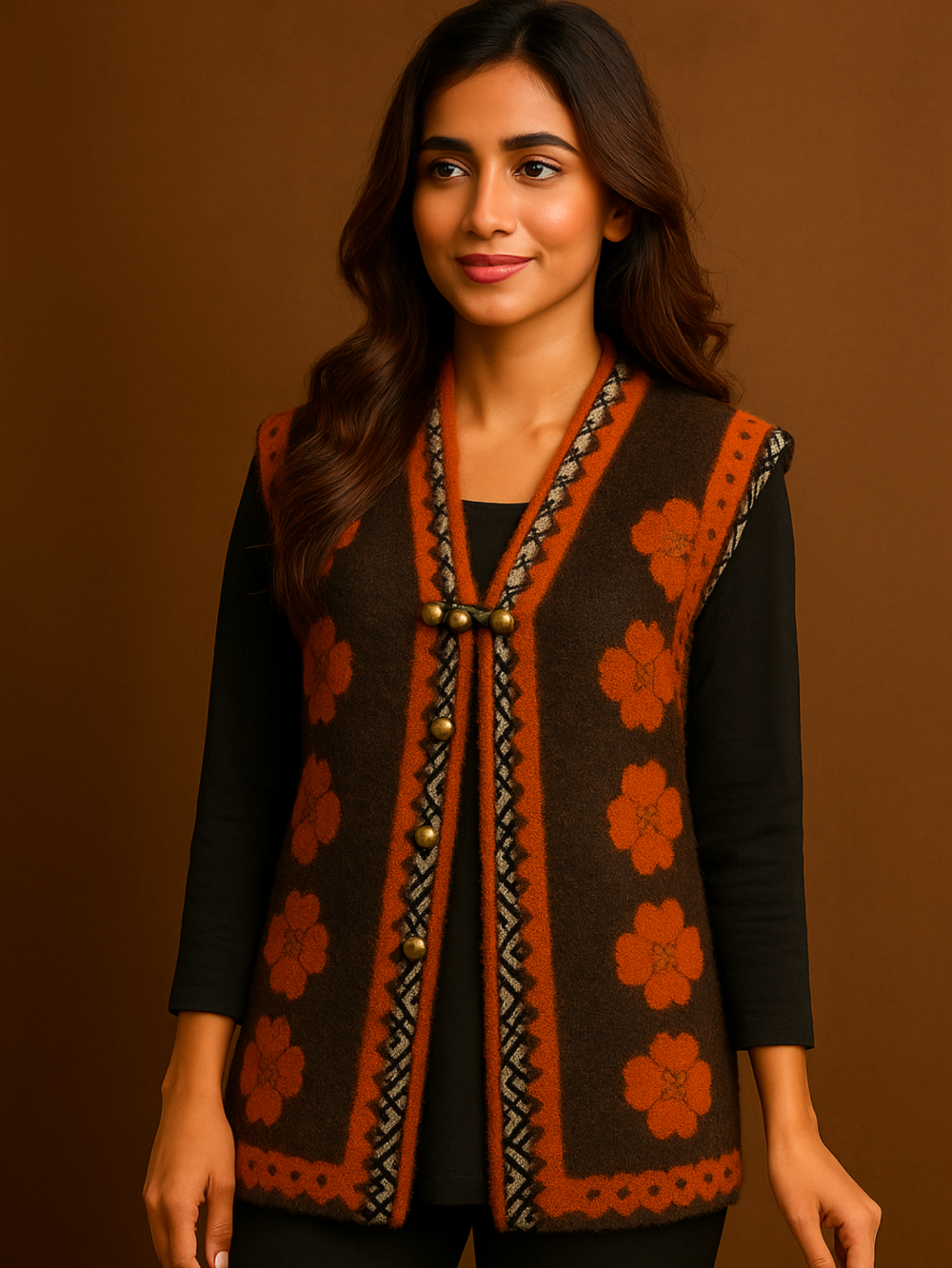 Brown Woolen Sweater – Without Sleeves | Orange Floral Design & Vintage Buttons - Image 2