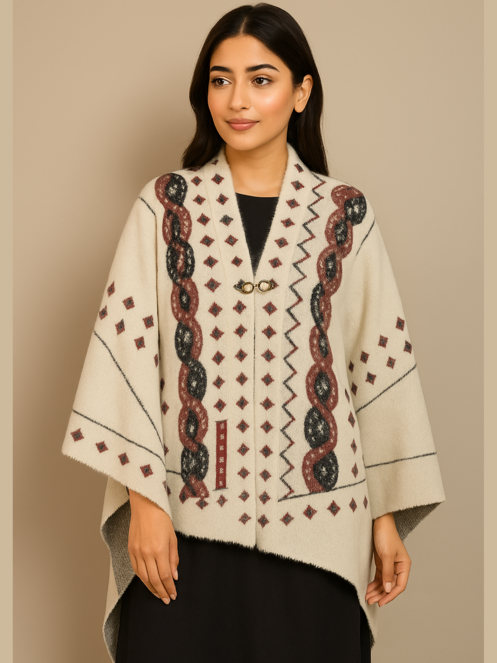 Ivory Woolen Sweater – Without Sleeves | Geometric Maroon & Charcoal Design - Image 2
