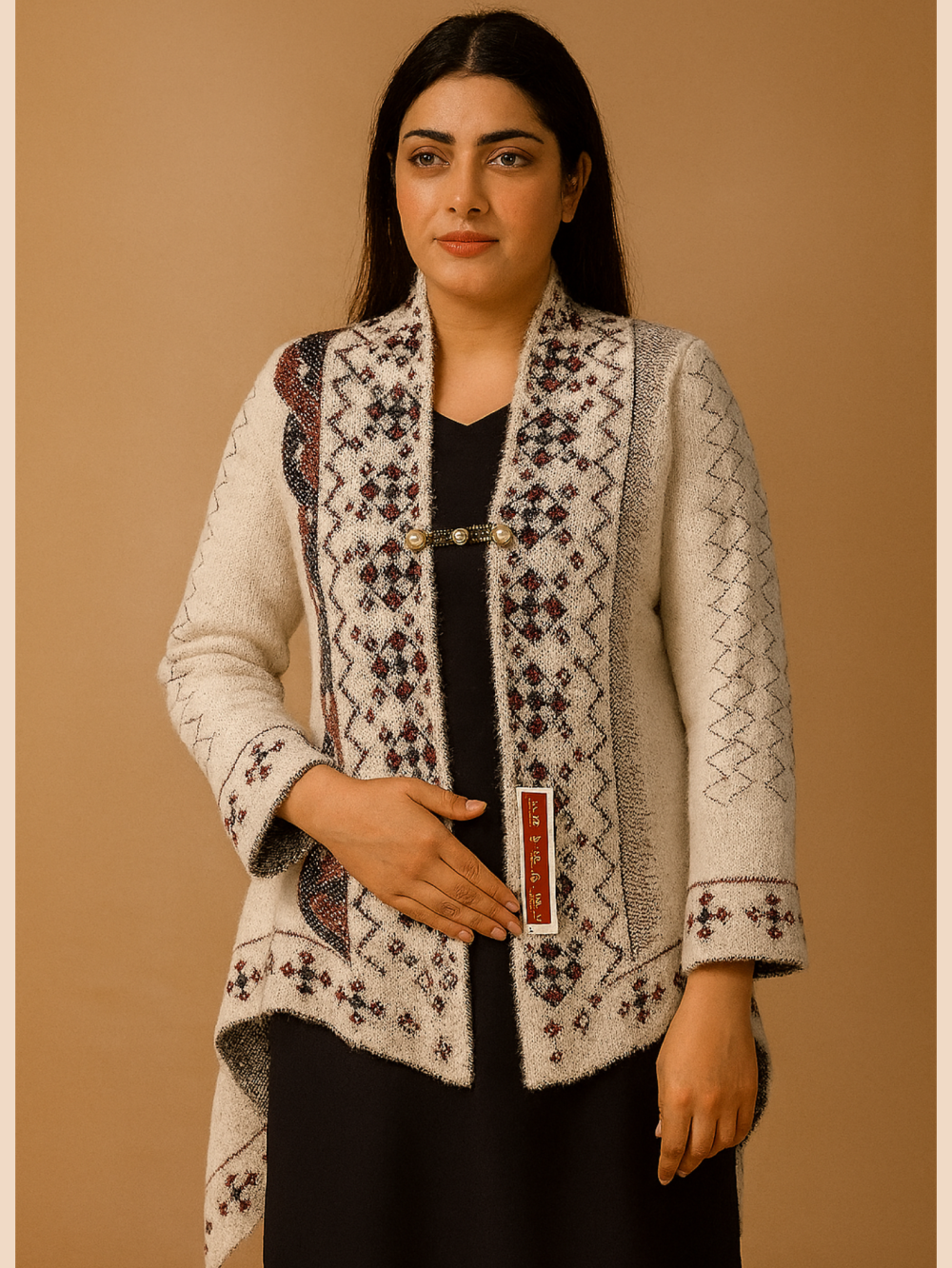 Ivory Woolen Sweater – Full Sleeves | Geometric Maroon & Charcoal Design - Image 2