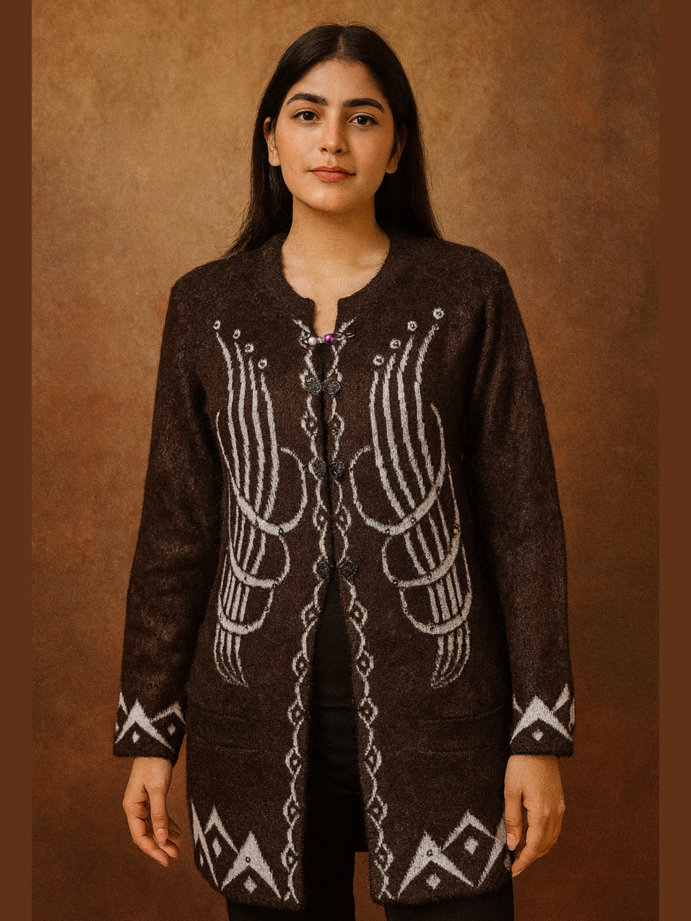 Deep Coffee Woolen Long Sweater | Full Sleeves with White Embroidery | Beaded Closure - Image 2