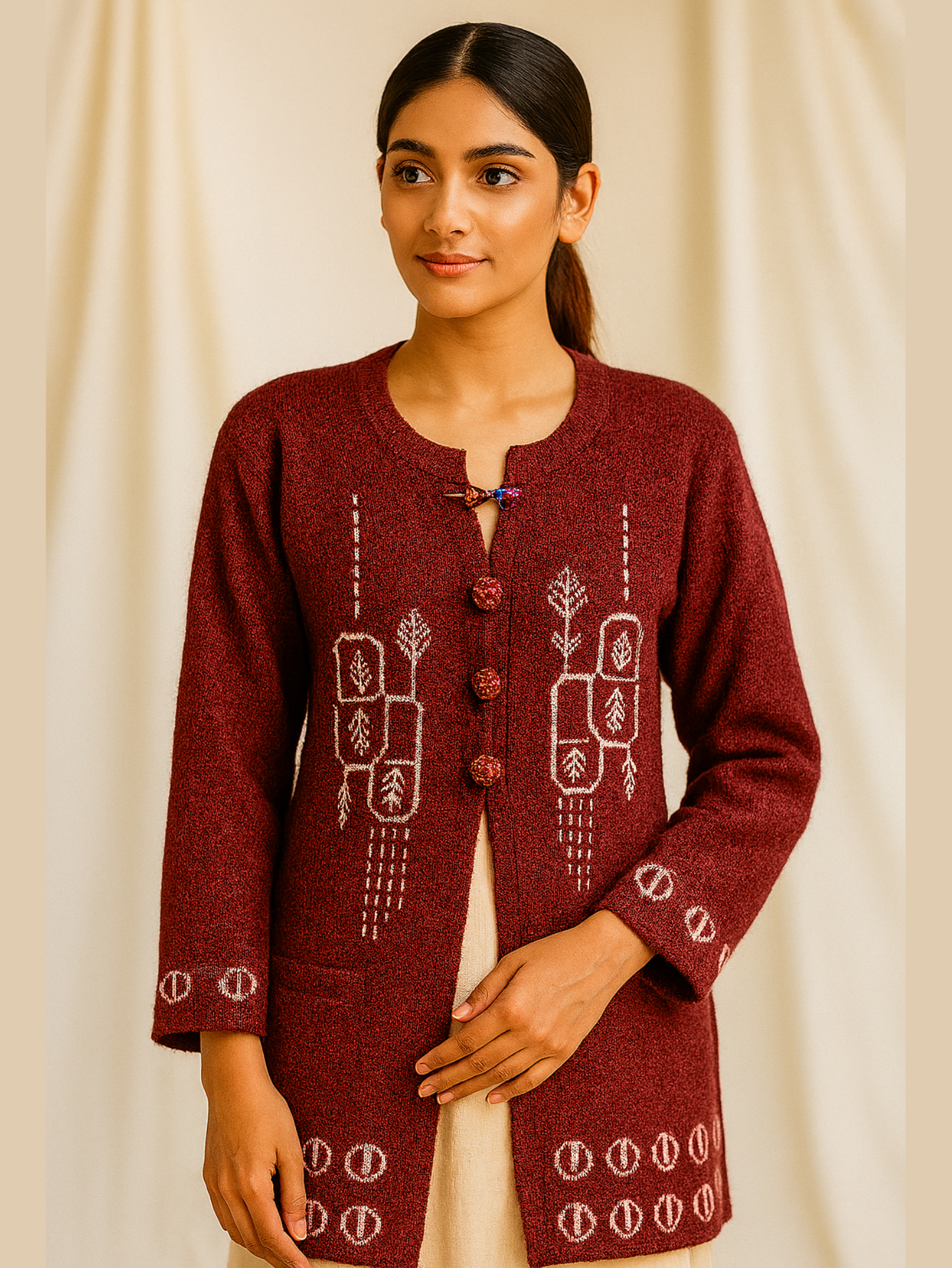 Elegant Maroon Woolen Sweater – Full Sleeves | White Leaf Embroidery & Beaded Closure - Image 2