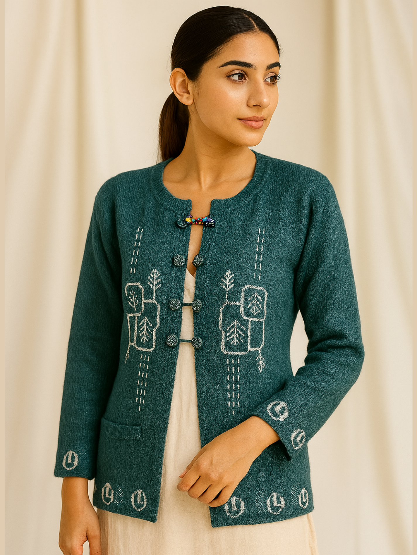 Deep Emerald Wool Blend Cardigan | Full Sleeves with Handcrafted Geometric Embroidery - Image 2