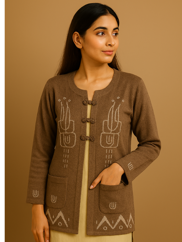 Warm Taupe Wool Blend Cardigan – Full Sleeves with Handcrafted | Ivory Geometric Embroidery - Image 2
