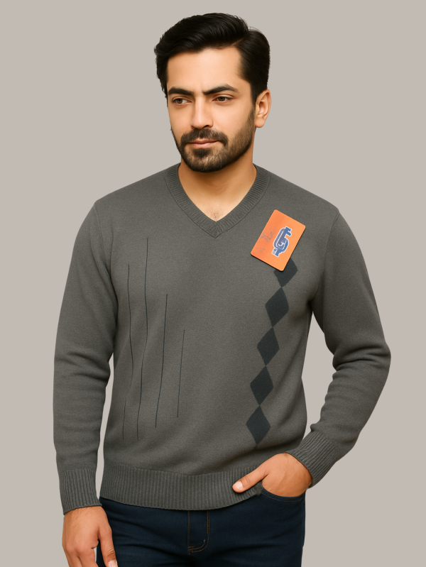 Grey Wool-Blend V-Neck Sweater | Classic Diamond Pattern