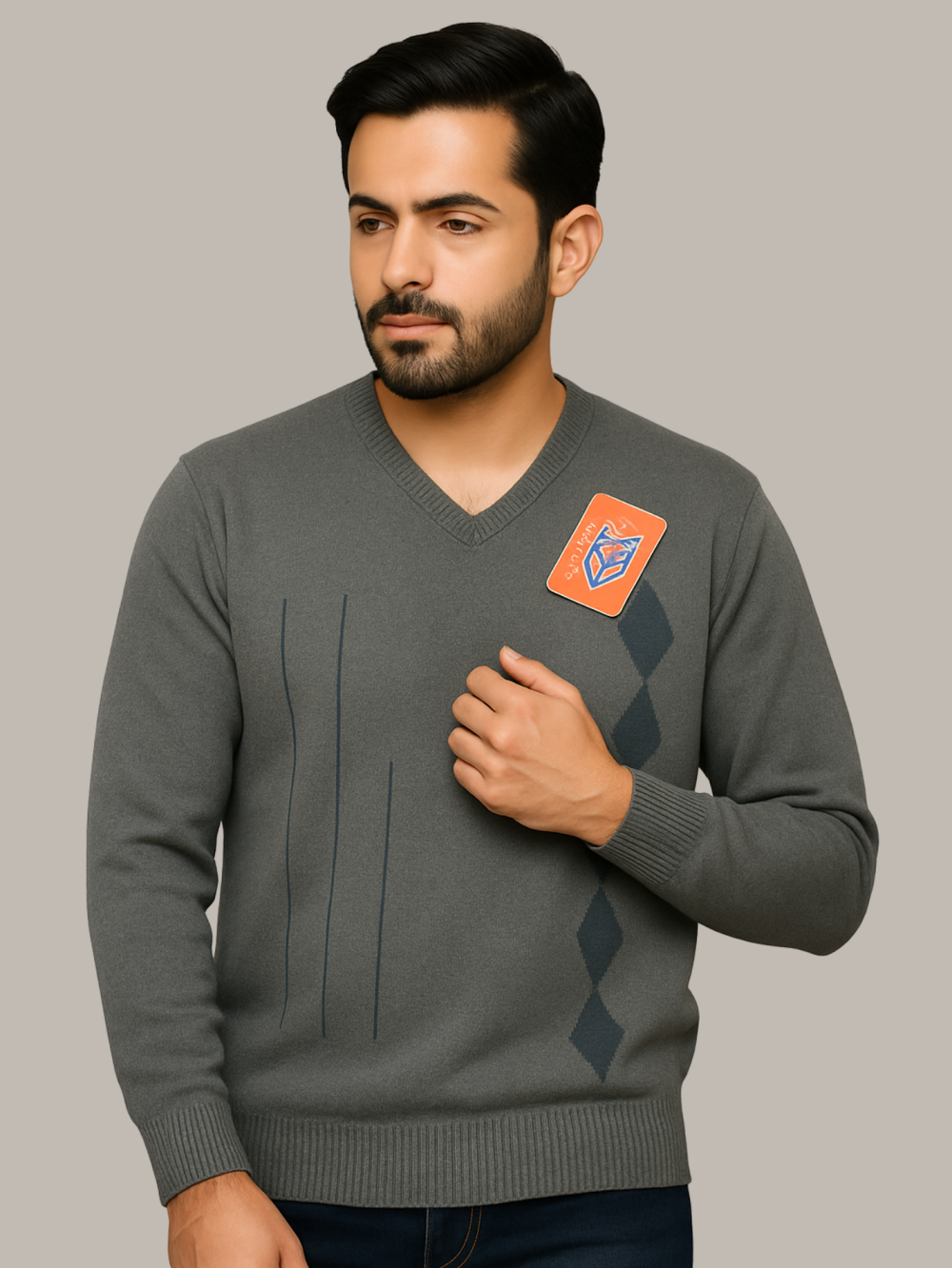 Grey Wool-Blend V-Neck Sweater | Classic Diamond Pattern - Image 2