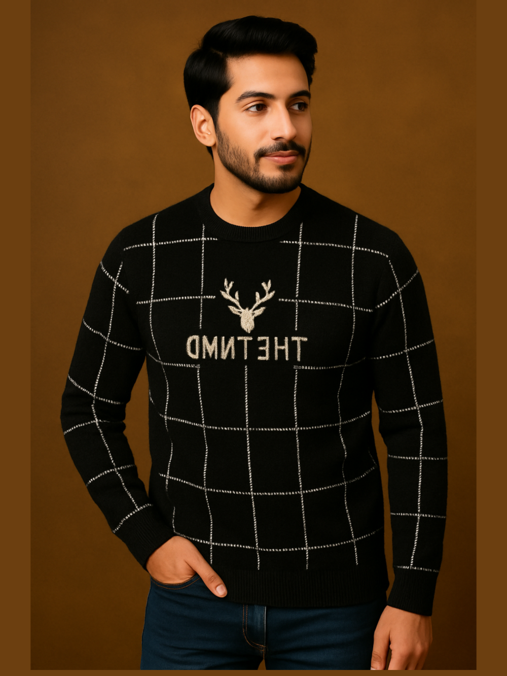 Black Check Pattern Sweater with Deer Embroidery | Winter Essential