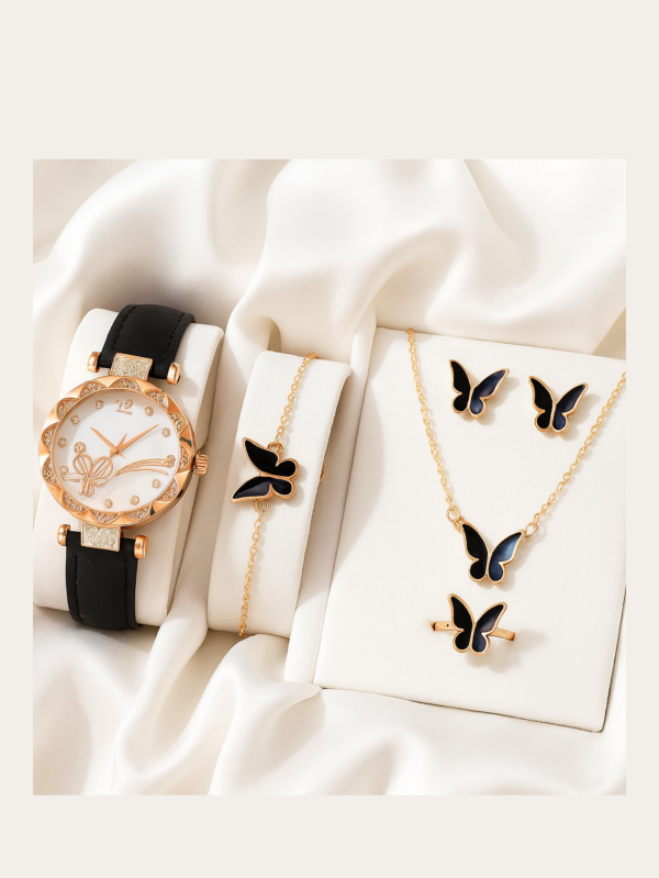Butterfly Charm Watch + Jewelry Set | Luxe 6-in-1 Black Edition for Women