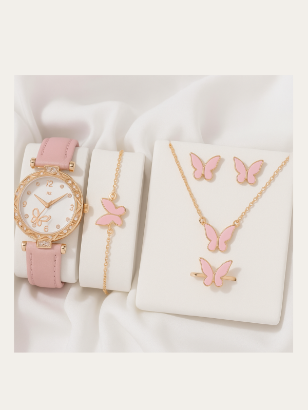 Butterfly Charm Watch + Jewelry Set | Luxe 6-in-1 Pink  Edition for Women
