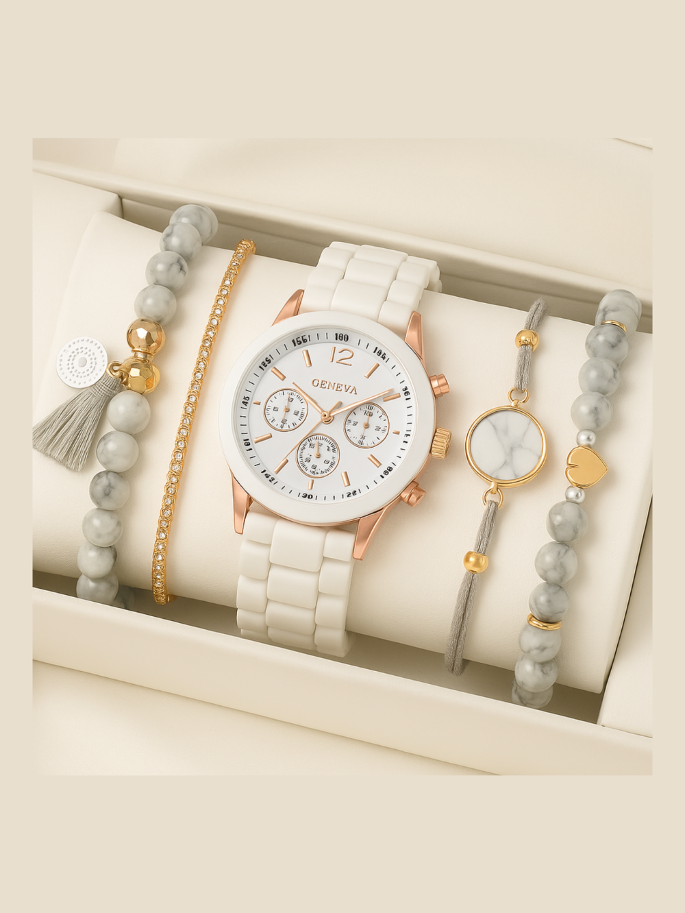 Marble Charm Watch & Bracelet Set | Elegant 4-in-1 White & Rose Gold Gift for Women
