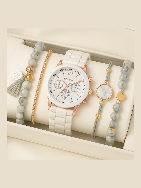 Marble Charm Watch & Bracelet Set | Elegant 4-in-1 White & Rose Gold Gift for Women
